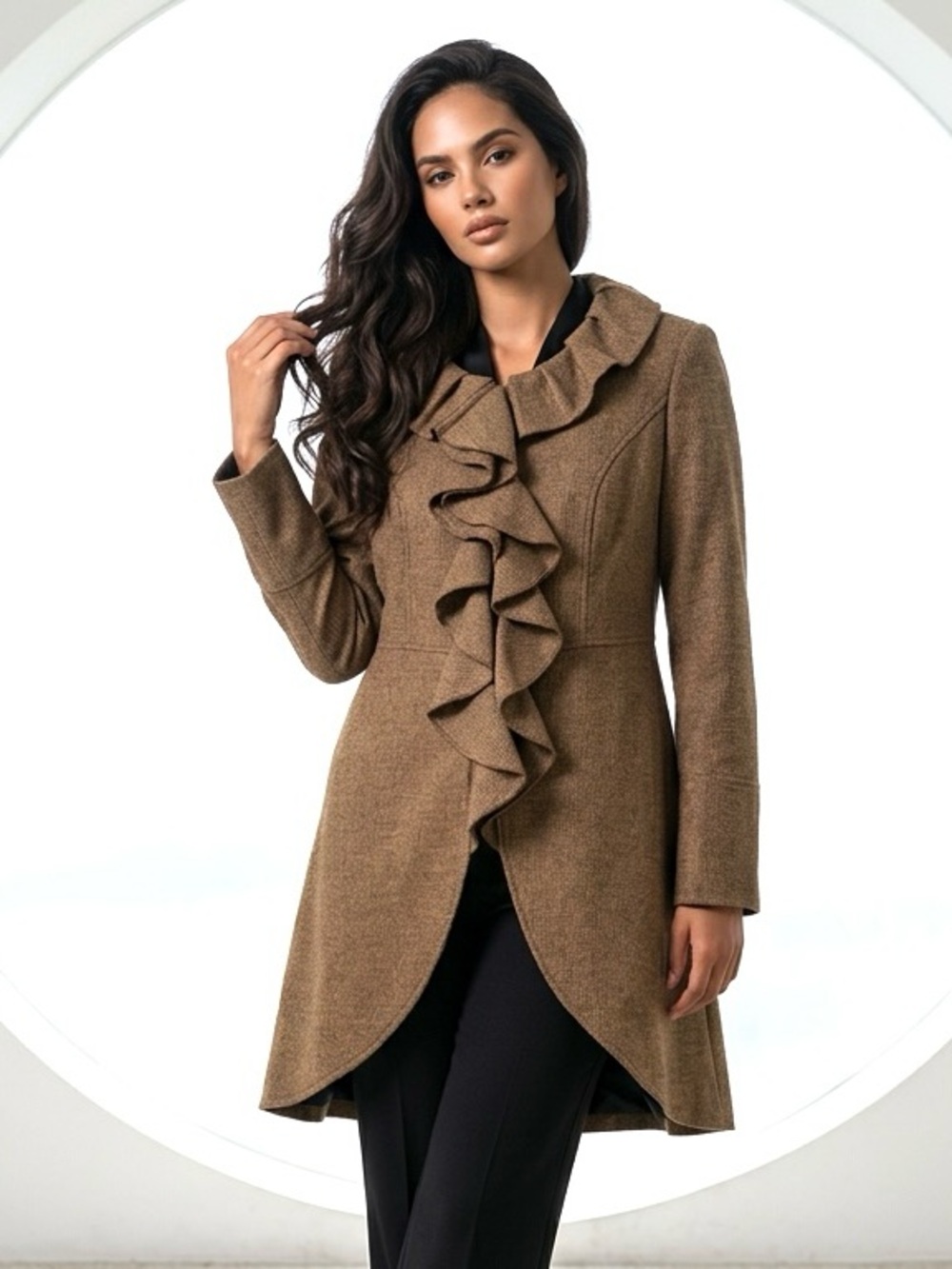 Vintage YOUNG ESSENCE Coat Brown Tweed Full Zip Ruffled Fairycore